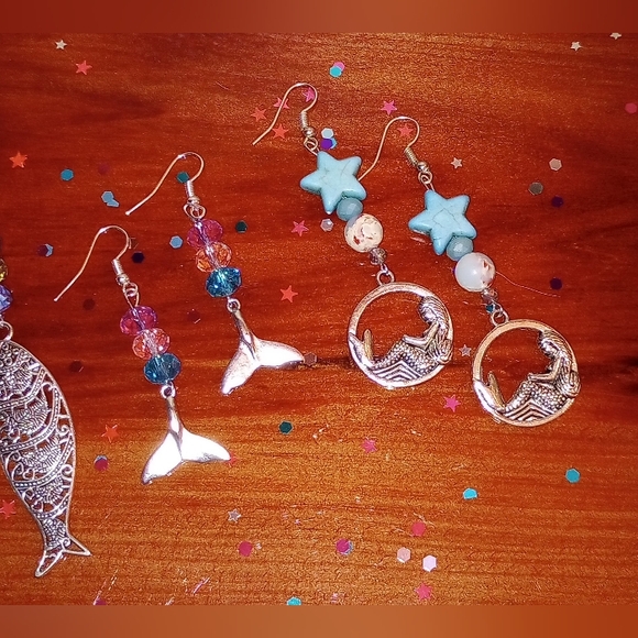 Nautical Sea Life Ocean Beaded Charm Earrings Unique Sparkly Handmade - Picture 6 of 12